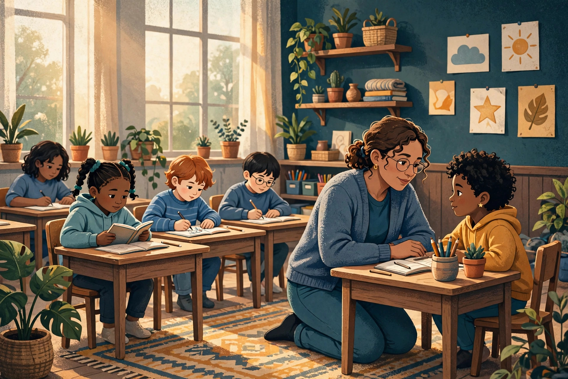 Illustration of a teacher listening at eye level to a student in a calm, sunlit classroom